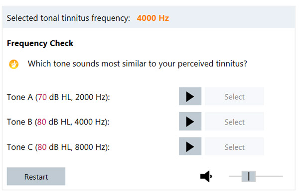 Med frekvenssjekken på slutten av justeringen, kan du sikre at riktig tinnitusfrekvens er valgt.